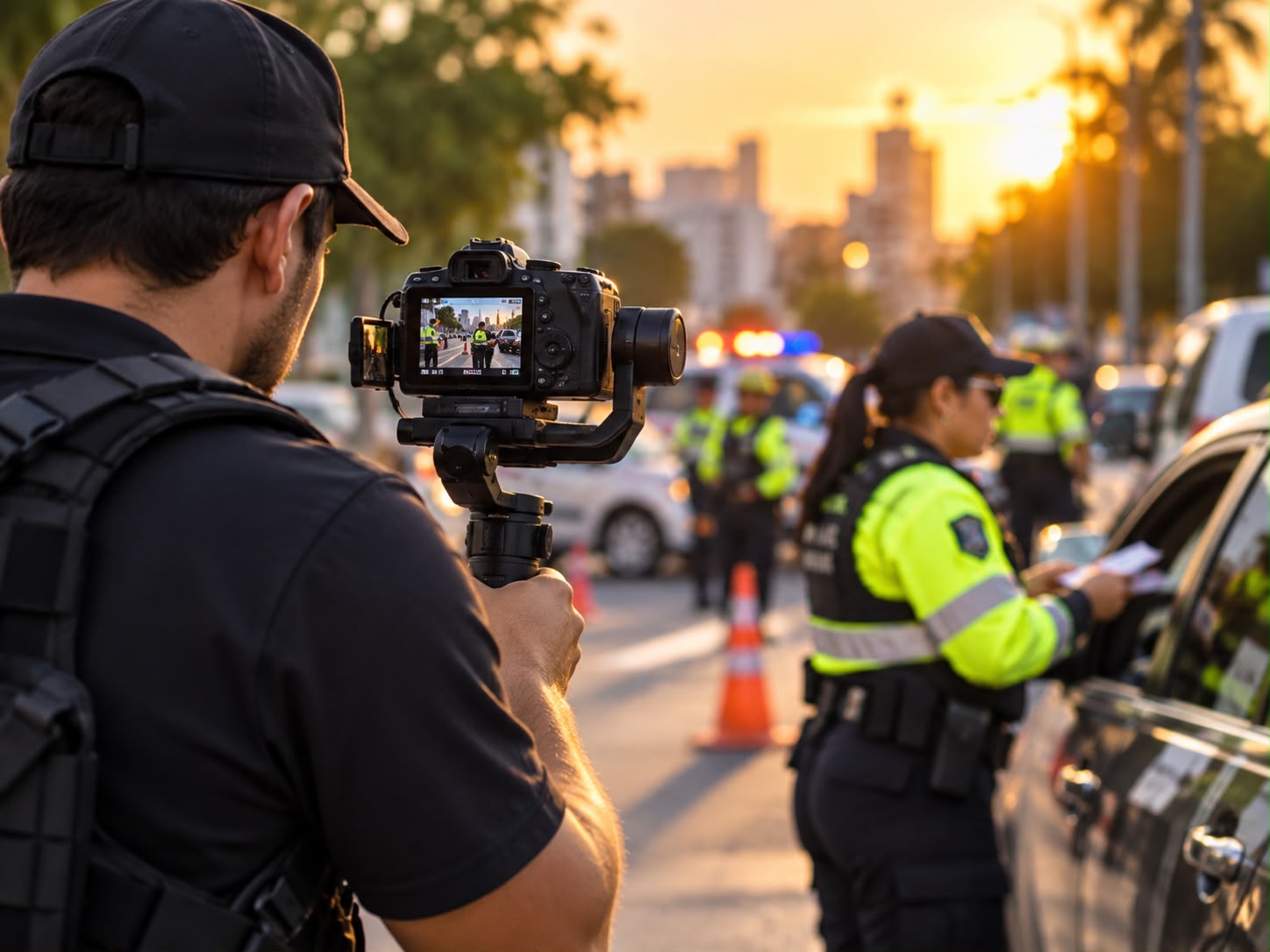 Captação audiovisual em operação policial ao entardecer